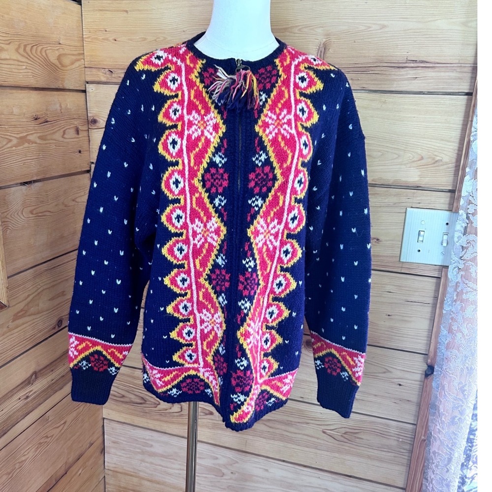 Vintage Nordic Sweater Cardigan Womens Large Navy Blue Fair Isle Full Zip Merona